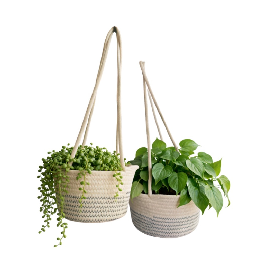 Set of 2 Neutral Woven Hanging Planters – 18” Drop